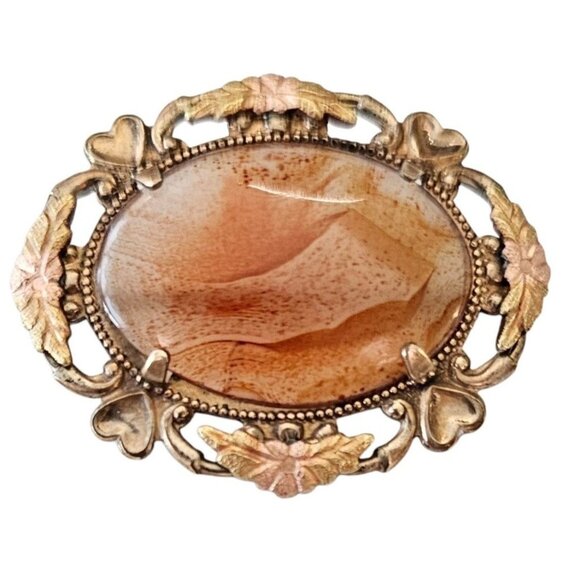 LSP Peterson Co. 1-20 12K GF Ornate Heart Floral Oval Agate Domed Cab Brooch J22 - Picture 1 of 6